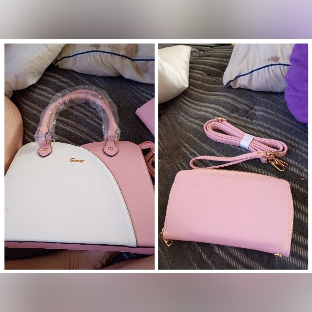 Pink and White Handbag with Wallet